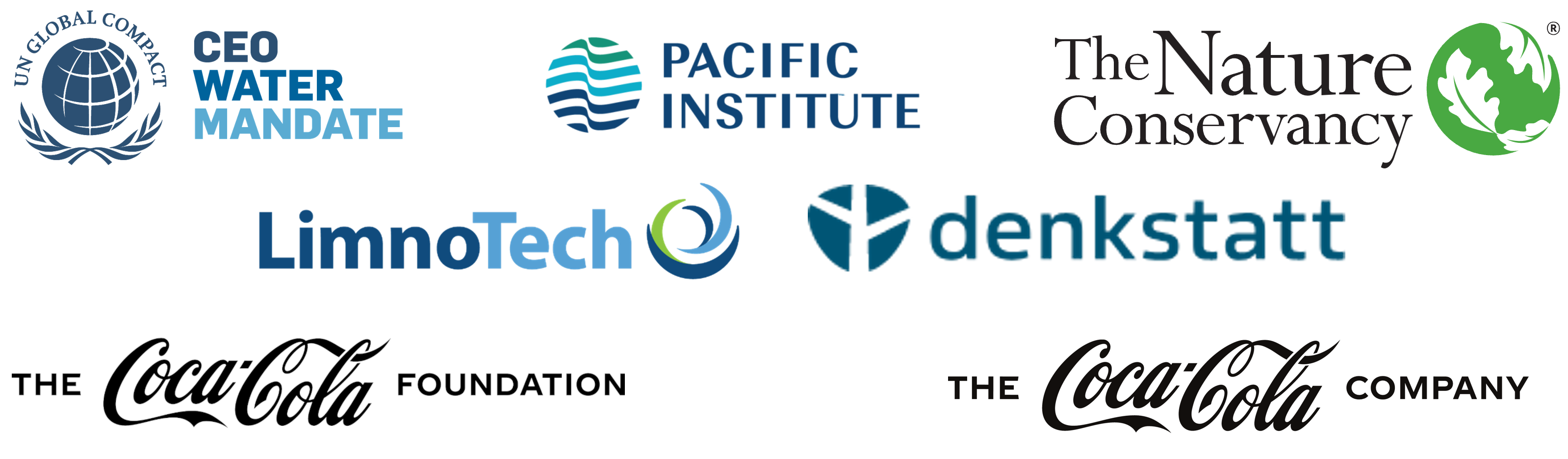 Logos of Partner Organizations: CEO Water Mandate, the Coca Cola Company, denkstatt, LimnoTech, Pacific Institute, and the Nature Conservancy